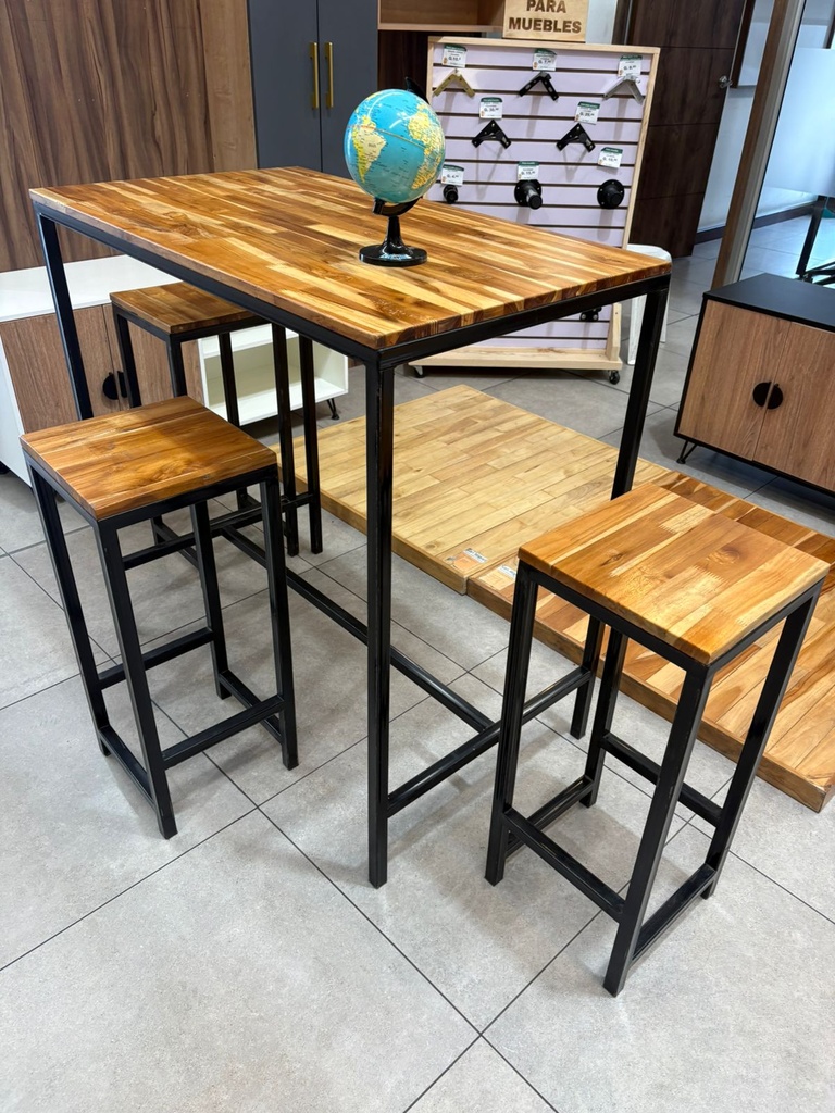 JUEGO DE MESA + BANCOS DE TECA Y METAL